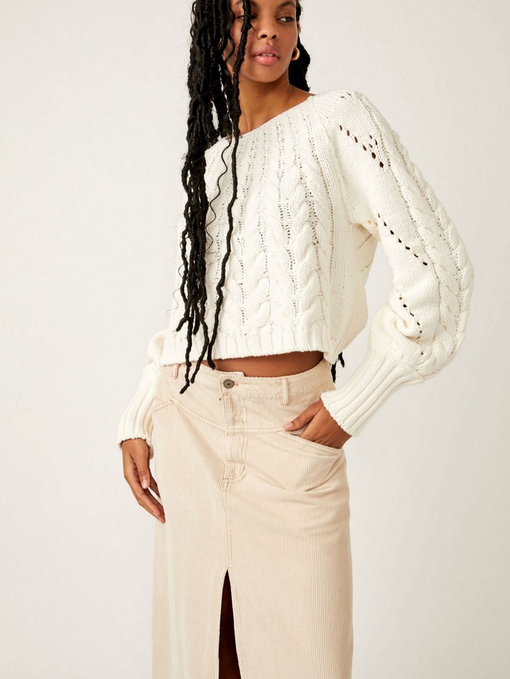 Free People Sandre Cream Cable-Knit Women's Sweater - Cozy Crewneck